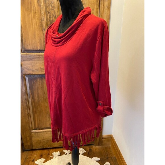 Ruby Rd Pullover Blouse Size XLRed Fringed Top Cowl Neck Plus - Picture 5 of 11